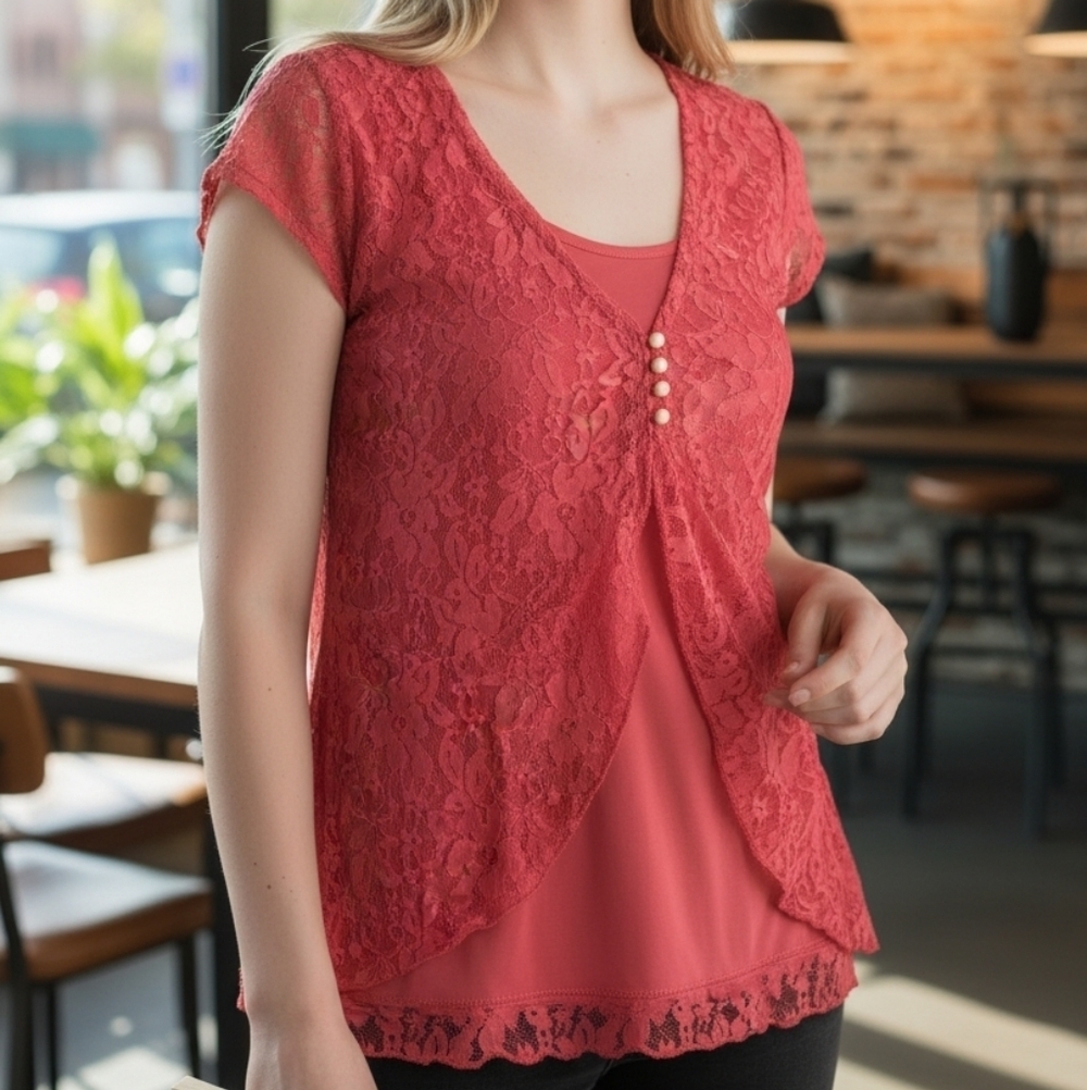 Rue21 Red Lace Blouse Y2K with Short Ruffle Sleeves Romantic Vintage Medium - Picture 4 of 11